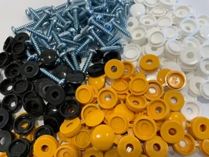 600 KENNZEICHENBESCHLAG BEFESTIGUNGSSET 300 SCHRAUBEN 300 SCHWARZ WEISS & GELBE KAPPEN - Bild 1 von 5
