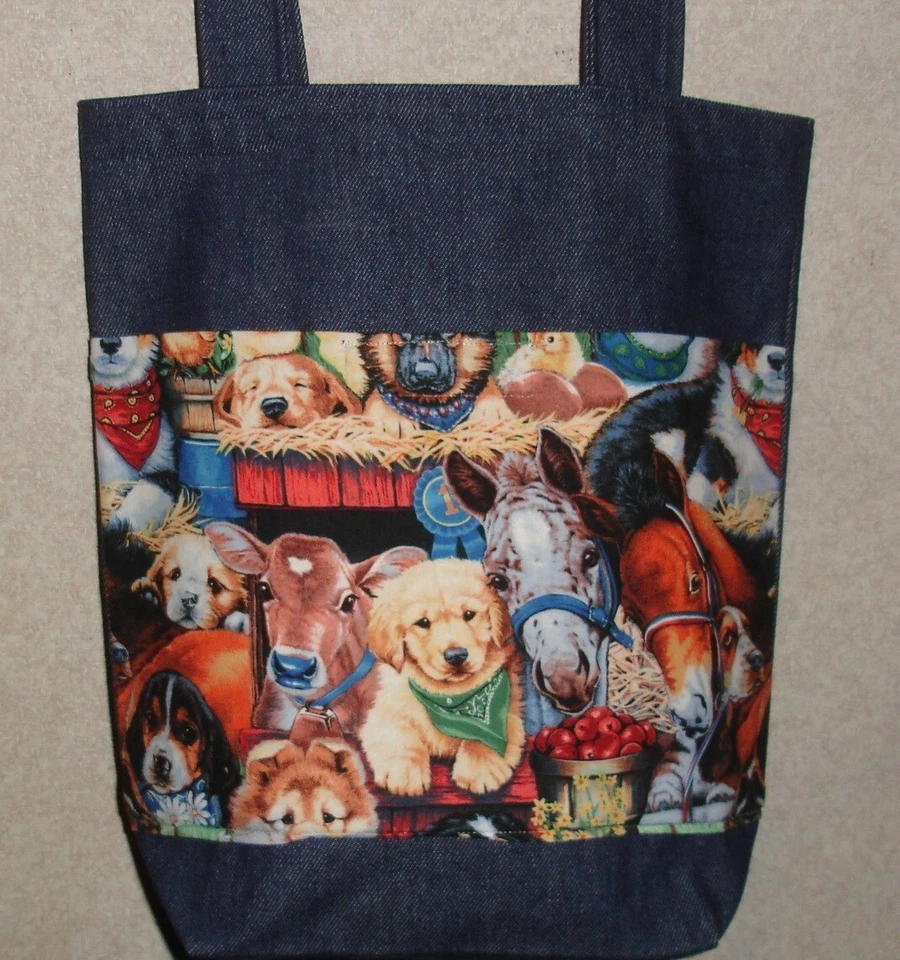 NUEVO Bolso de Mano Hecho a Mano Mediano Perros Cachorro Animales de Granja Caballo Vaca Campo Denim Foto 1 de 1