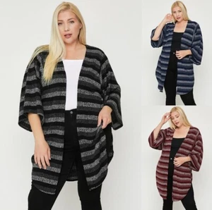 Women Striped Open Front Cardigan Sweater Side Slit Long Kimono Sleeve (1XL-3XL) - Picture 1 of 12