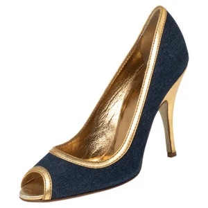 Dolce & Gabbana Blue/Gold Denim and Leather Peep Toe Pumps Size 39 - Picture 1 of 8