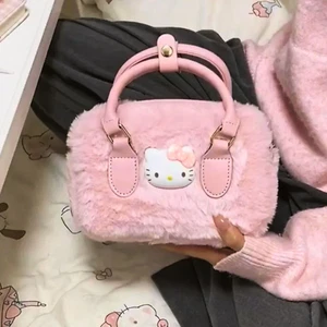 Hello Kitty Pink Faux Fur 2 Way Bag Fluffy Boston Bowler Crossbody Bag Womens - Picture 1 of 13