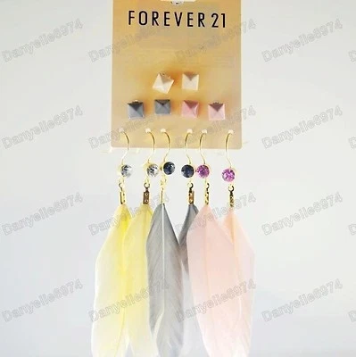 BRINCOS 6PRS! PENAS ROSA, CREME, CINZA cristal PENA banhado a ouro TACHAS QUADRADAS - Imagem 1 de 4