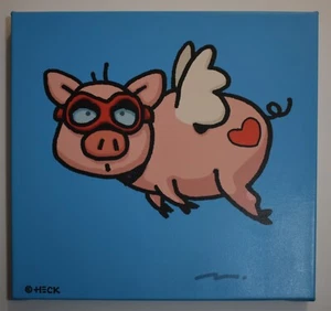 "Artista Americano Contemporáneo ED DIABLOS Pigmento Estampado en Lienzo ""Cuando el Cerdo Fly" - Imagen 1 de 8
