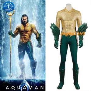 NEW Aquaman Men Halloween Cosplay Costume Suit Arthur Curry Outfit Gold Jumpsuit - Picture 1 of 19