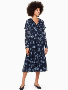 KATE SPADE OUT WEST BLUE SILK PRAIRIE MIDI DRESS (UK 10) RRP £495 - Picture 1 of 3