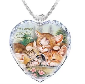 Cute Cat Kitty Crystal Heart Spirit Animal Necklace Pendant Xmas Birthday Gift - Picture 1 of 4