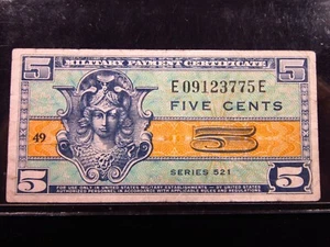 USA MPC Series 521 5 Cents Plate 8 3775# Military Payment Certificate Money - Picture 1 of 3