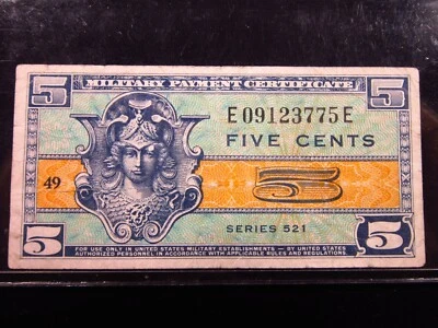 USA MPC Series 521 5 Cents Plate 8 3775# Military Payment Certificate Money - Image 1 of 3