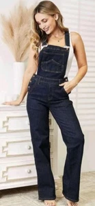 NEW WITH TAGS SOLD OUT JUDY BLUE WIDE LEG HIGH WAIST DENIM DARK BLUE OVERALLS L - Picture 1 of 6