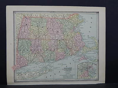  Mapa de doble cara George Cram de Massachusetts y Vermont 1885 W18#88 Foto 1 de 2