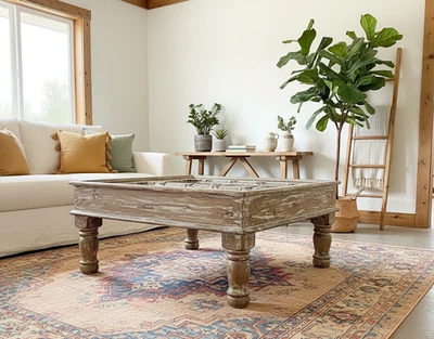 Mesa de centro vintage de madera encalada tallada a mano 36x28 Foto 1 de 4