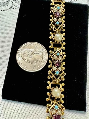 Hermoso Brazalete Decorado Tono Dorado, Perla Imitación y Estrás Amatista 6-3/4" Foto 1 de 4