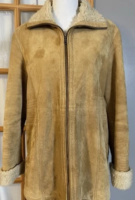 80s Suede Leather Penny Lane Coat Womens Sz M Tan Faux Shearling Lining Trim - Image 1 of 4