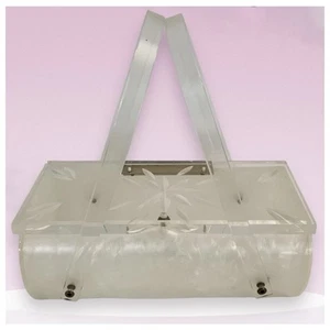 Borsa ovale allungata lucite perlescente vintage 8 x 31/2" - doppio manico/chiusura intatta - Foto 1 di 17