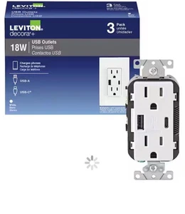 (3 Stück) Leviton USB Steckdosen Typ A/C Duplex Buchse weiß 18W - NEU - Bild 1 von 3