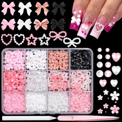 3D Bow Nail Charms 600PCS Flowers Nail Charm Pink&White Flatback Pearls Beads St - Image 1 of 4