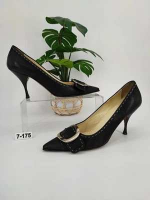 Prada 女式黑色皮革高跟鞋银色扣高跟鞋 7.5 码美国 — 第 1/4 张图片