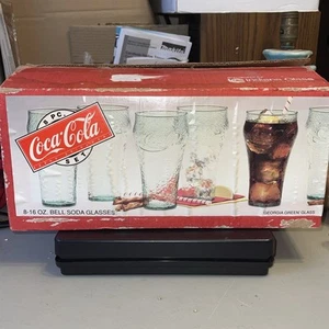 8 NEW 1992 Indiana Glass Coca Cola Bell Shaped  Glasses 16 oz. Georgia Green - Picture 1 of 6