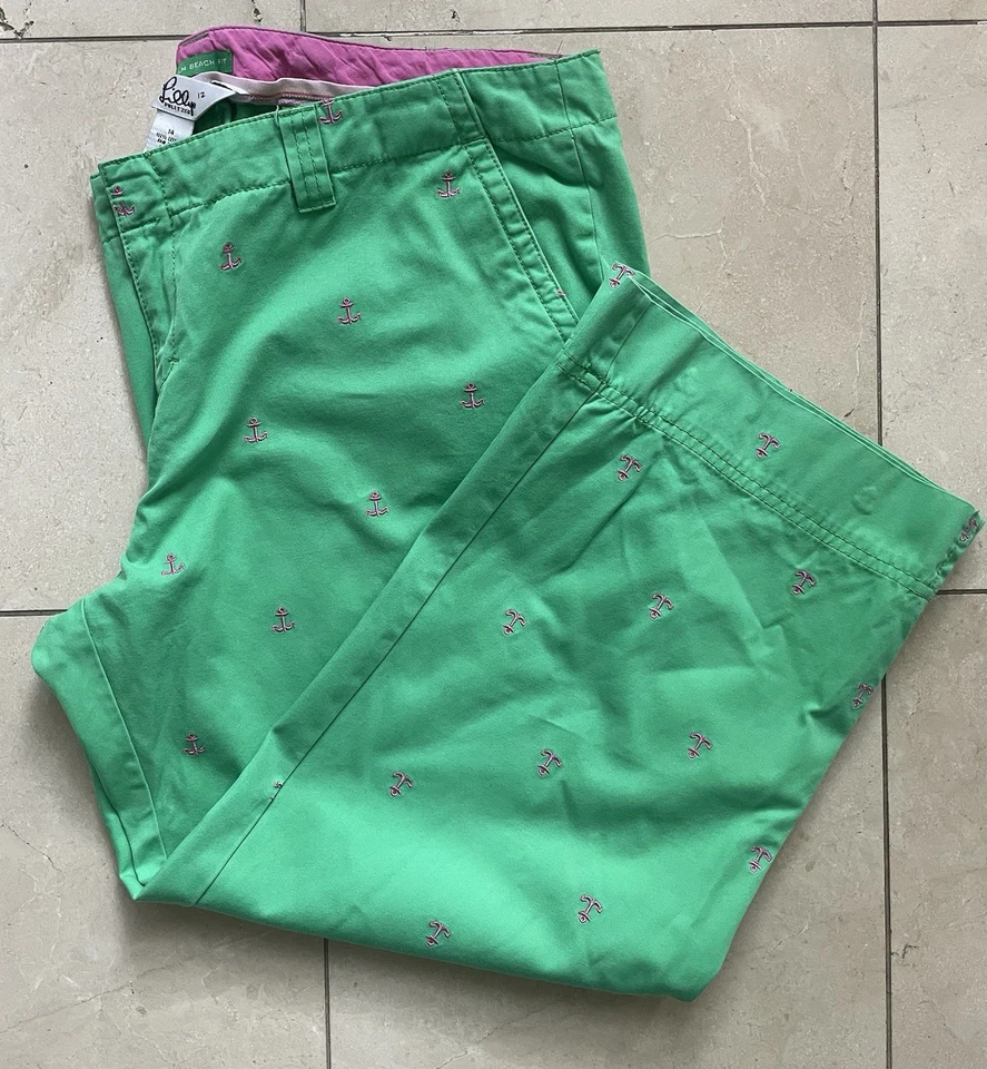 Lilly Pulitzer Size 14 Palm beach Fit Green Crop Pants Embroidered Pink Anchors - Image 1 of 4