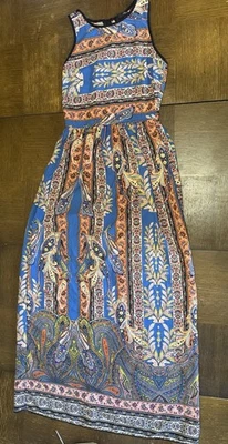 Aqua Maxi Dress Women’s Size S Blue Orange Print Racer Back - Image 1 of 4