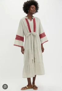 Vestido Tuckernuck Bordado Desierto Rayas Camel Caftán Talla XL Midi Maxi Bohemio - Imagen 1 de 20