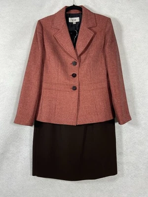 Le Suit 2PC 裙子套装女式 10 腮红红色棕色西装纽扣长袖 — 第 1/4 张图片