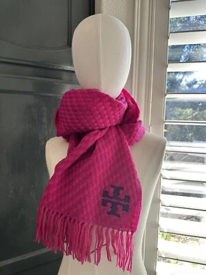 Cachecol Tory Burch WHIPSTITCH TECIDO T Lã Merino em Rosa Fúcsia Novo na Caixa de Presente - Imagem 1 de 4