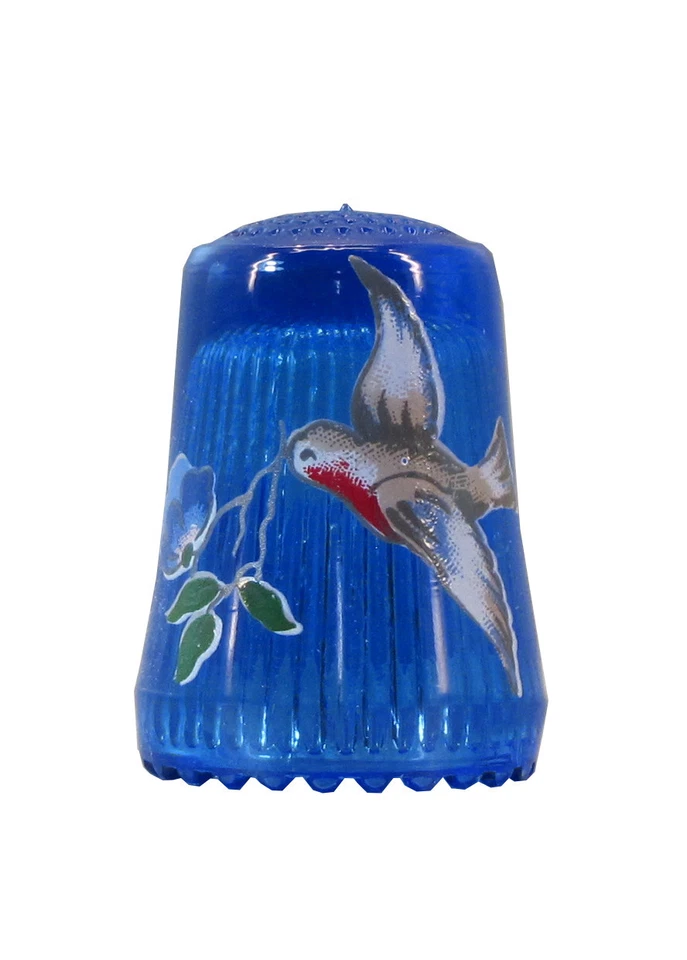 ULLMANNGLASS Blue Crystal Glass Thimble Decal Bird Decor - AE 643