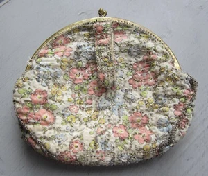 Art Deco antique purse seed bead embroidered floral fabric  silk lined - Picture 1 of 13