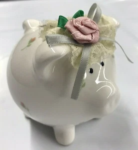 Vintage 1987 Enesco  Minnie Piggy Bank w/ Sunday Church Hat Pretty Country Roses - Picture 1 of 10