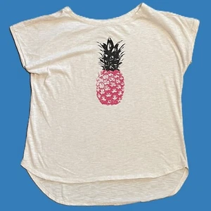 JASMINE GINGER Womens Top LARGE Light Gray w Pineapple Graphic HI LO HEM - Picture 1 of 7
