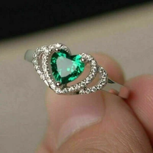 2Ct Heart Lab Created Green Emerald Diamond Wedding Ring 14K White Gold Plated - Picture 1 of 8