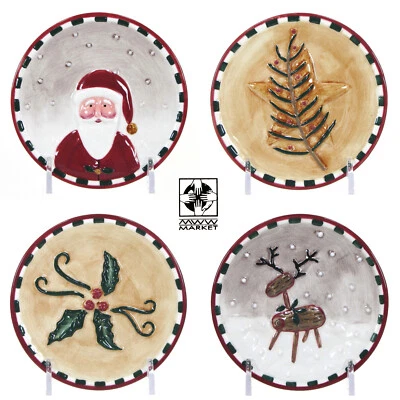 MWW Market FOLKLORE CHRISTMAS 4.5" Mini Plate Set 4 Santa Reindeer Holly Star - Image 1 of 4
