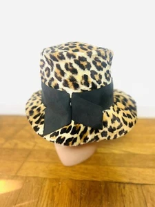 MOD BUCKET 50’s 50s 60s 1960’s Vintage Faux Fur Leopard Animal Print Brimmed Hat - Picture 1 of 14