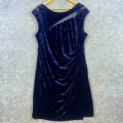 Vestido Scarlett Años 90 Vintage Terciopelo Aplastado Talla 16 Azul Funda Recortada Sobre la Rodilla Foto 1 de 4