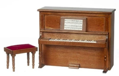 Dolls House Miniature Music Room Furniture Walnut Wooden Upright Piano and Bench - Image 1 of 4