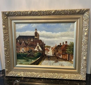 Pintura al óleo sobre lienzo de paisaje urbano enmarcada y firmada 22"x 18" - Imagen 1 de 6