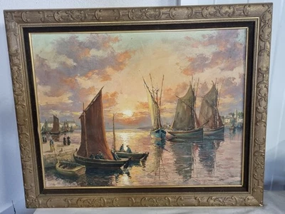 Tableau Breton Signé Port de Pêche Bretagne Bigoudène - Photo 1/4