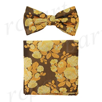 Conjunto de pajarita y pañuelo preatado de microfibra para hombre marrón amarillo floral formal graduación Foto 1 de 4