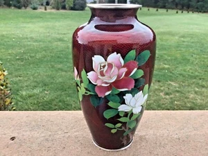 Cloisonné Vase gemarkt Sterlingsilber weinrot floral 7 1/4" japanische feine Emaille - Bild 1 von 7