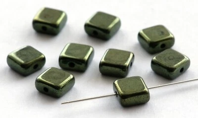 8 SMALL CZECH PRESSED GLASS FLAT SQUARE BEADS, METALLIC SAGE COLOUR, 6 MM - Image 1 of 4