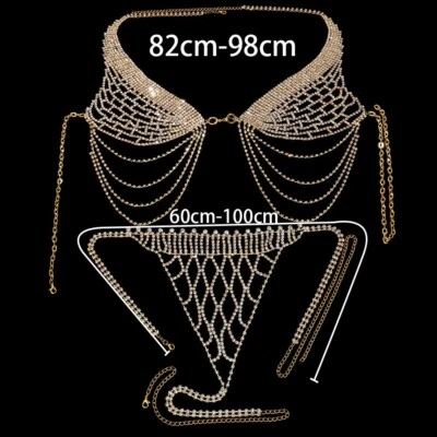 Sexy Women Rhinestone Tassel Bikini Body Chain G String Thong Bra Set Underwear - Image 1 of 4