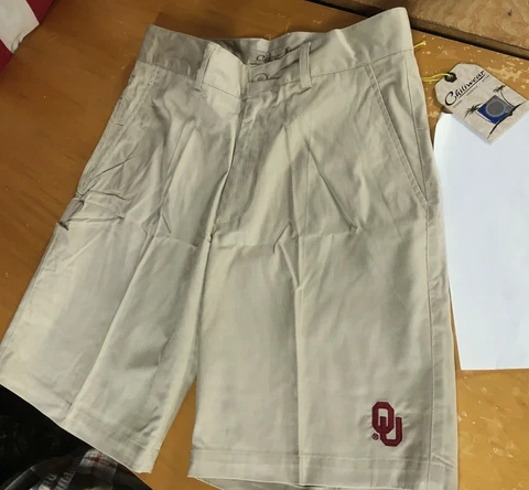 new OU Oklahoma SOONERS Tan khaki Flat-Front SHORTS Mens sz 30 golf casual Cover