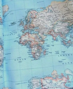 WORLD MAP Globe Atlas Curtain Upholstery Cotton Fabric Material -55'' wide BLUE - Picture 1 of 8