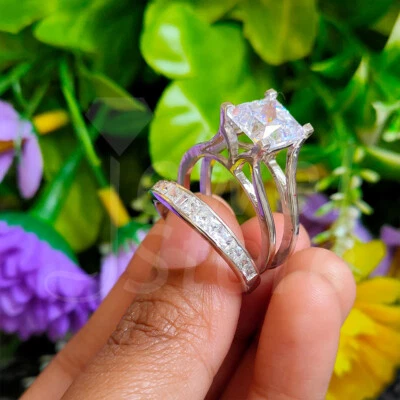 3 Karat Princess Diamant Hochzeit Braut Ring Set Verlobungsring Weißgold-Finish - Bild 1 von 4