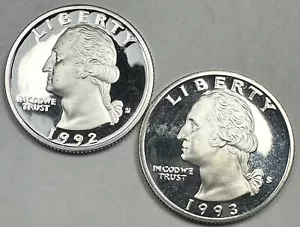 1992-S y 1993-S WASHINGTON CUARTO DE DÓLAR GEMA PRUEBA DCAM 90% MONEDAS DE PLATA - Imagen 1 de 6