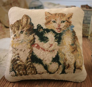 14" Lovely Vivid Kittens Handmade Wool Needlepoint Pillow Cushion Cover - Picture 1 of 5