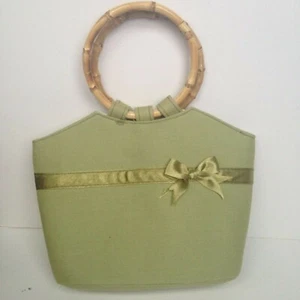 Green Solid Bucket Purse Fabric Ribbon Bow Round Circle Bamboo Handles Open Top - Picture 1 of 9