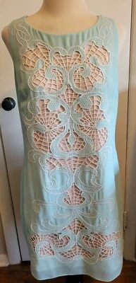Ark & Co Anthropologie Teal Floral Lace Crochet Layered Mini Sheath Dress M - Image 1 of 4