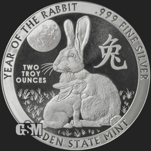 2 TROY OZ 2024 - GSM - Year of the RABBIT  .999 FINE SILVER SILVER BU ROUND - Picture 1 of 4